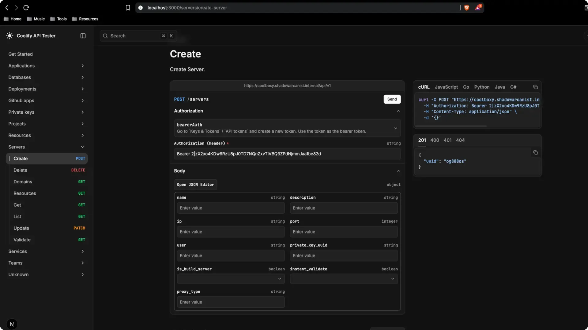 Coolify API Playground dashboard