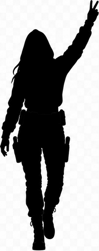 Silhouette of a hooded figure raising an arm